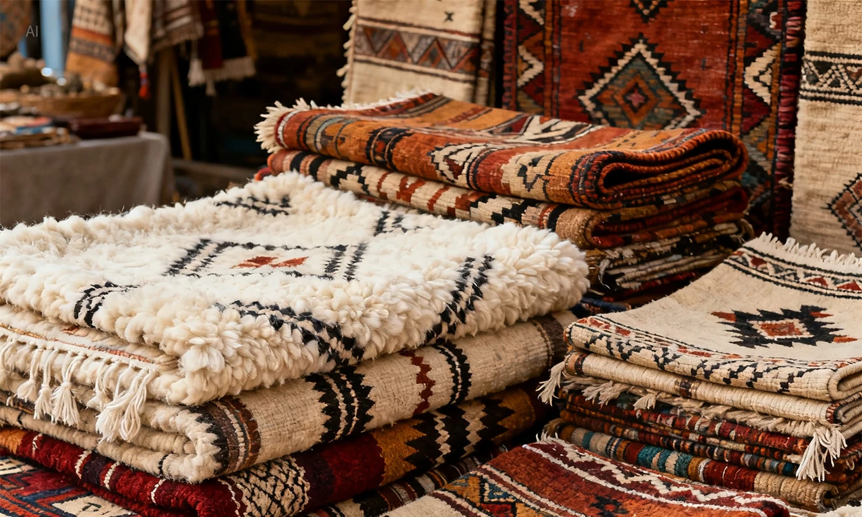 Collection of Berber rugs showing distinct regional styles from Beni Ourain, Azilal and Boujaad tribes