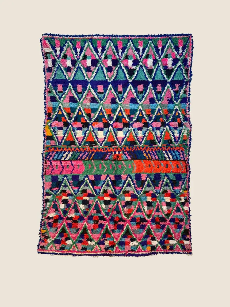 Vintage Azilal rug 163×247cm, handwoven wool carpet with teal, orange and violet abstract berber motifs.