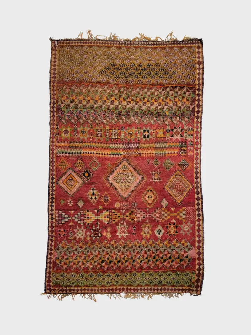 Azilal vintage rug 200×320cm, vibrant orange and muted sage wool artisan rug with handwoven abstract motifs