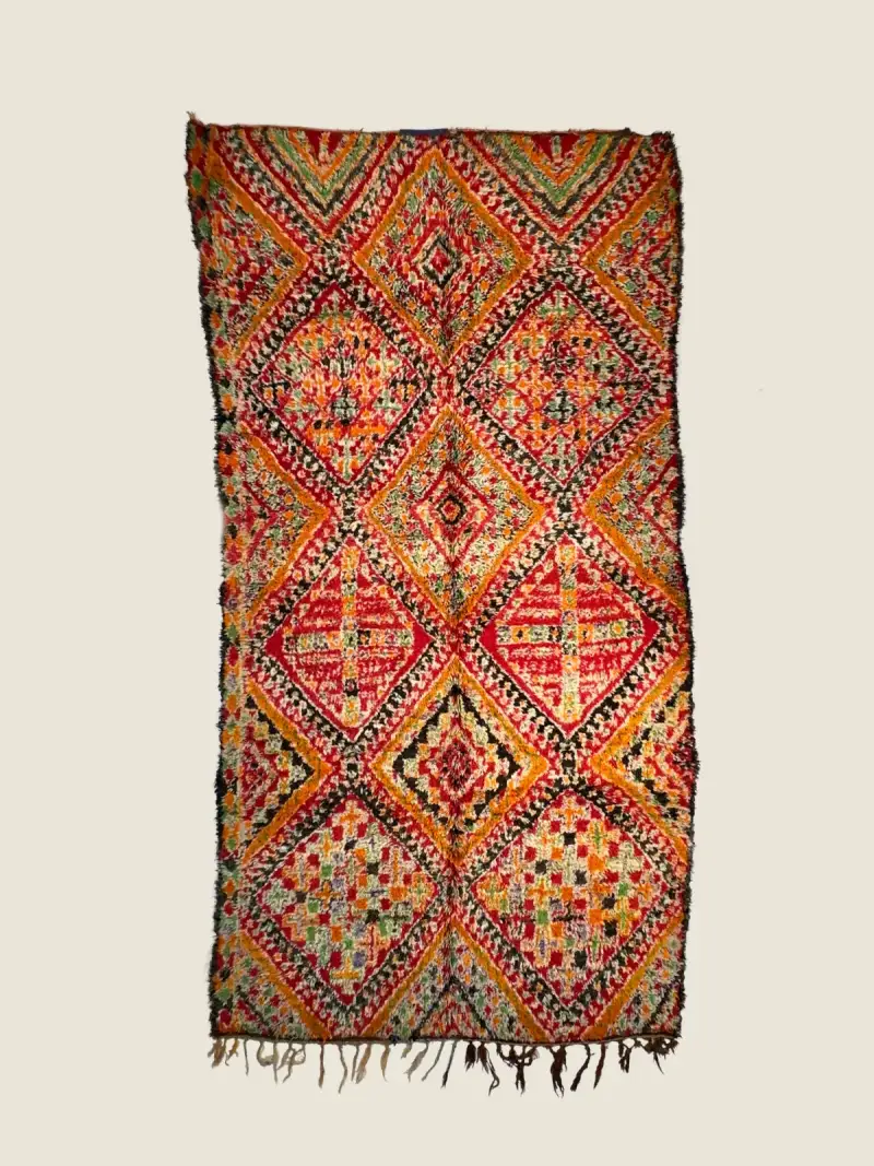 IZRIN - Beni M'guild vintage rug 190×374cm, handwoven wool in warm amber, teal green, and beige geometric pattern.