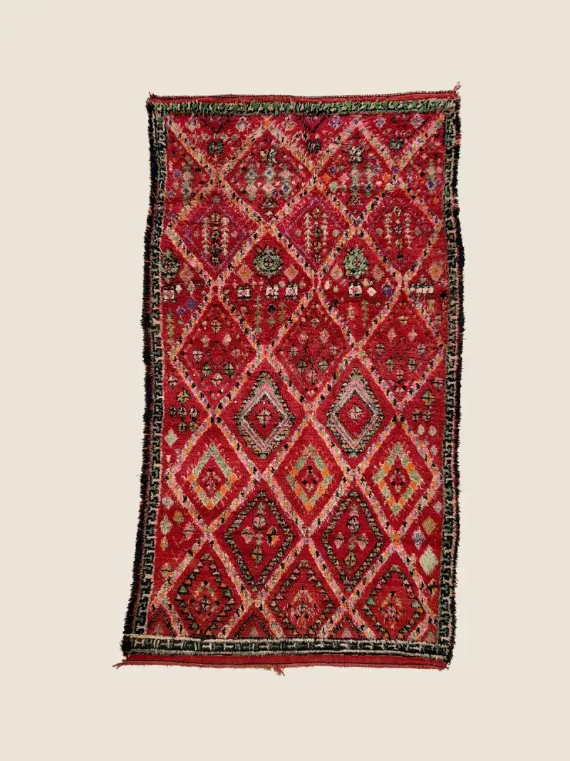 Beni M'Guild rug 200×368cm, vintage Beni M'Guild with vibrant orange-red and charcoal gray, handwoven wool with geometric pattern