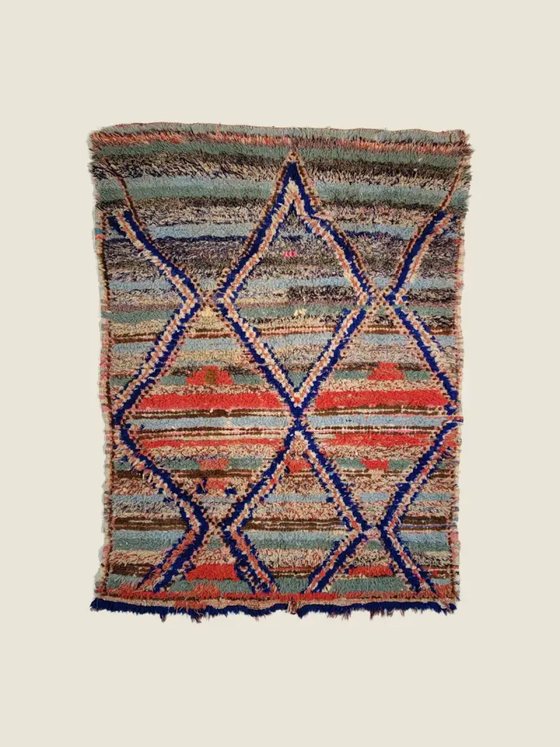 Vintage Boucherouite rug 166×220cm, handwoven recycled textile rug with deep crimson, blue and gray-green stripes.