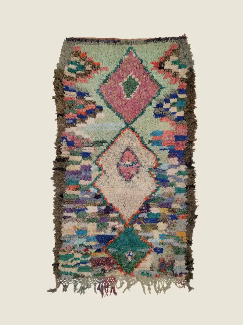 Boucherouite rug 105×177cm, vintage recycled textile floor covering in dusty rose and sage green.