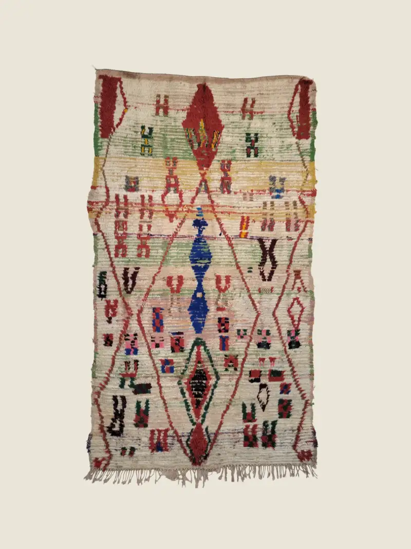 Vintage Azilal rug 213×220cm, handwoven tribal weaving with deep azure, slate green, and warm gray.