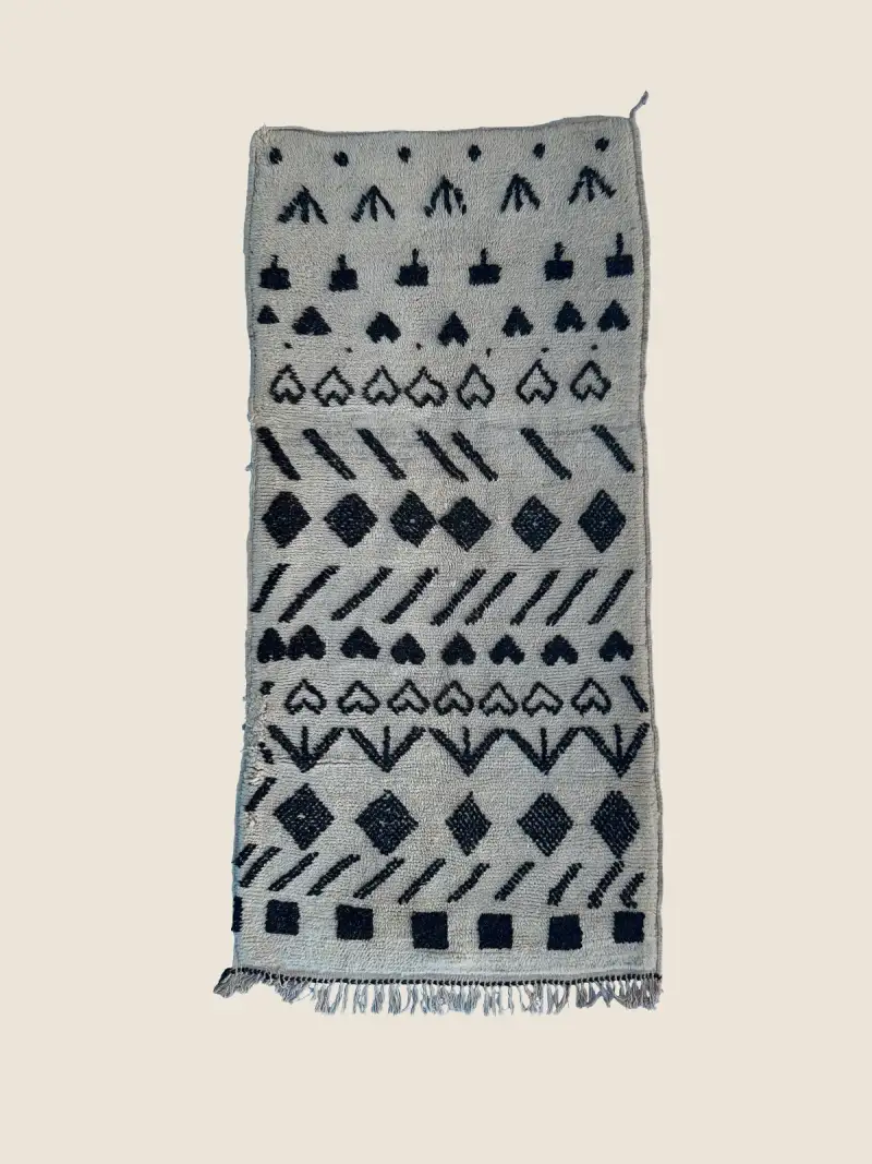 Handwoven Beni M'guild rug 90×200cm, vintage warm gray charcoal runner with geometric stripe pattern