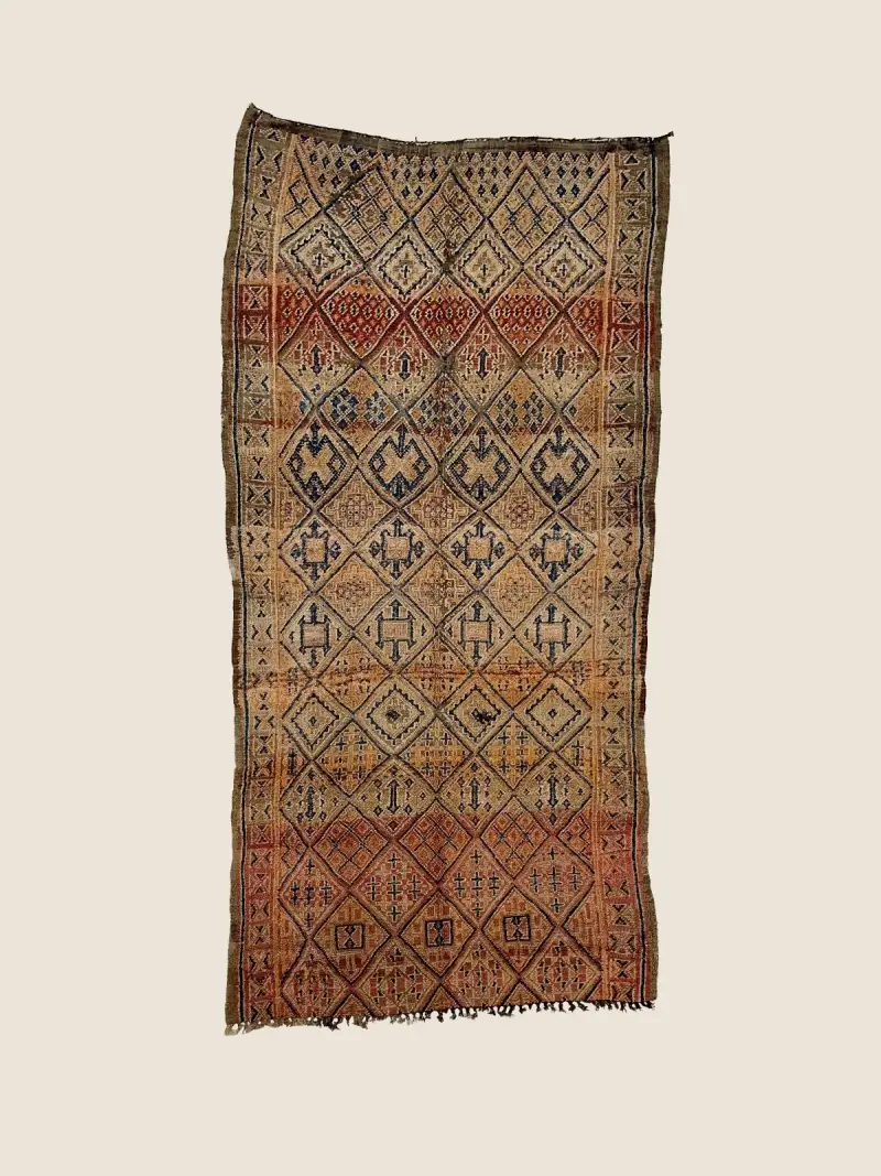 Handwoven Beni M'guild rug 180×376cm, vintage Berber rug with terracotta and gray geometric motifs, handknotted wool