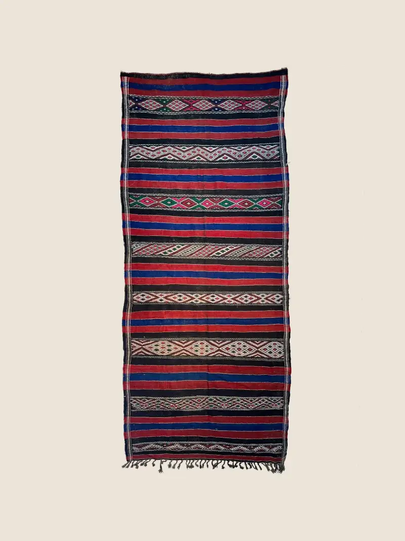 Vintage Kilim rug 150×345cm, handcrafted with slate gray, burnt orange, and teal green geometric stripes.