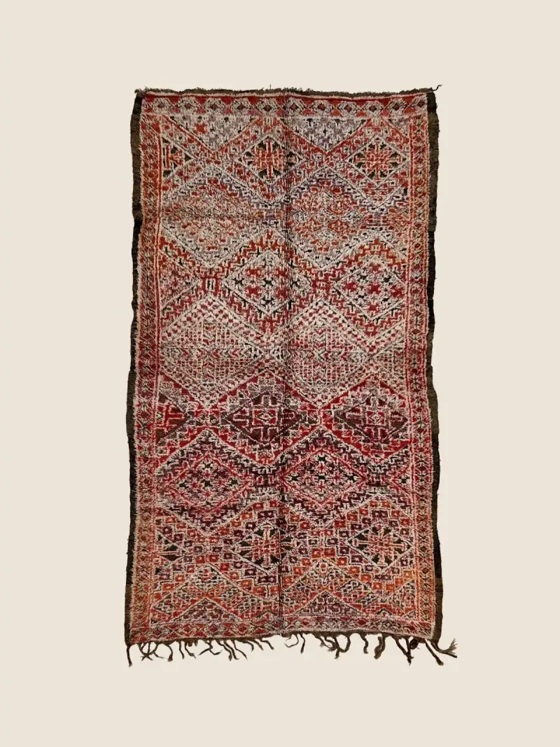 Marmoucha Rug Dark Red & Warm Beige 200×360cm, vintage handwoven wool rug with traditional geometric motifs