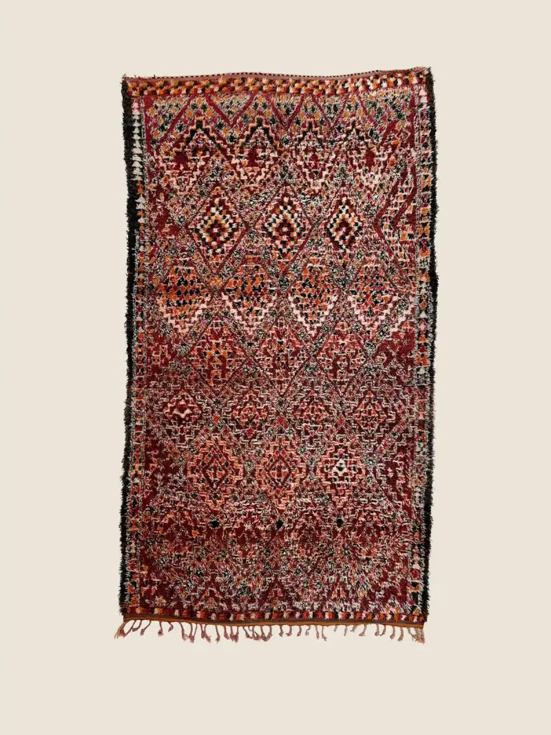 Marmoucha rug 206×382cm, vintage dark red and warm orange handwoven wool with intricate tribal pattern