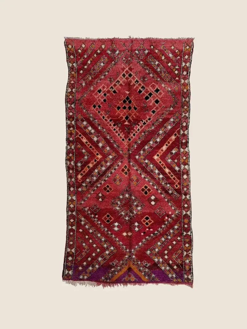 Marmoucha Rug 180×350cm, vintage Marmoucha geometric rug with red magenta charcoal design, handwoven wool