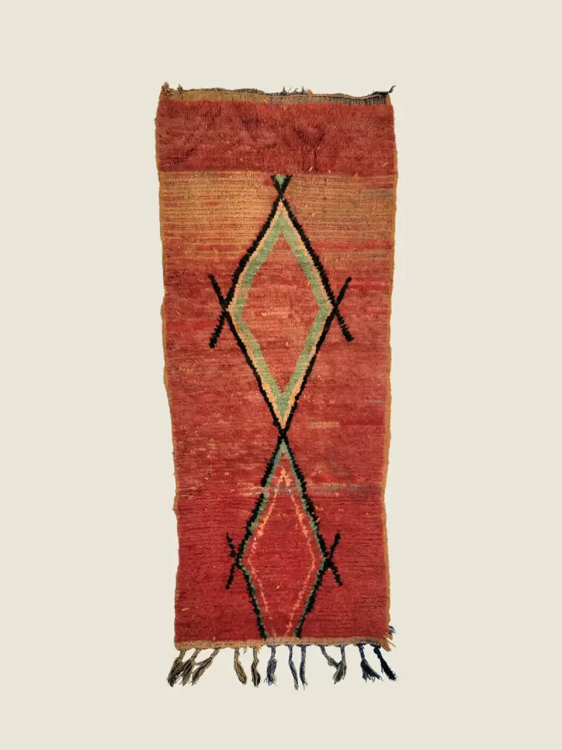 Beni M'guild rug 80×190cm, vintage berber rug in muted brick red and sage green, handwoven wool with geometric motifs