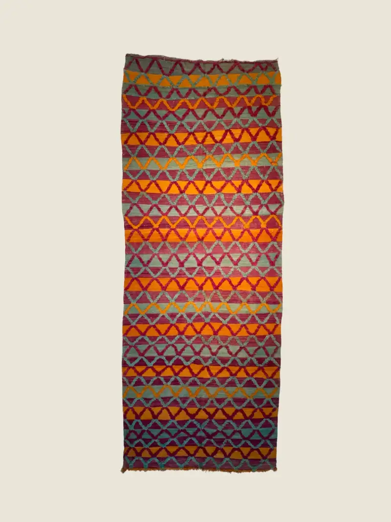 Talsint Rug 170x440cm, vintage berber runner, handwoven wool with deep orange and dusty rose stripes.