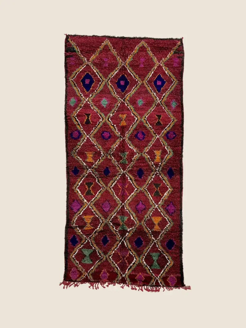 Talsint Rug Deep Violet Magenta 175×375cm, vintage Talsint rug with handwoven geometric pattern and artisan fringe