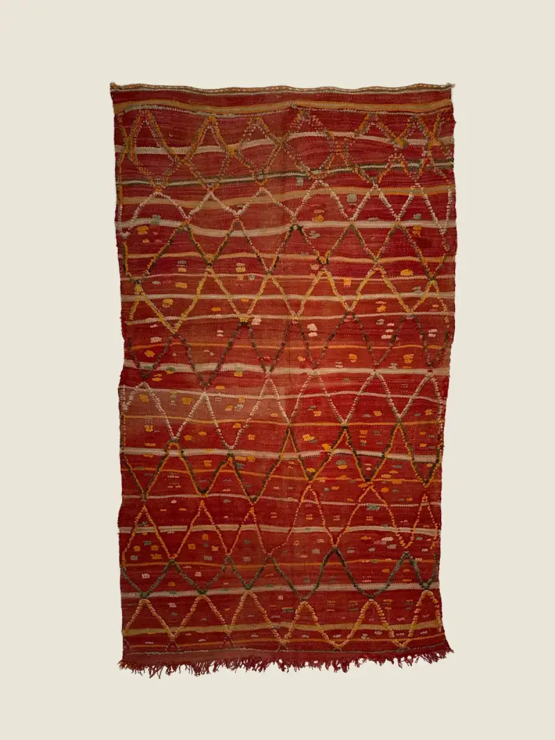Talsint Rug 130x220cm, vintage Talsint rug in brick red and vibrant orange, handcrafted flatweave.