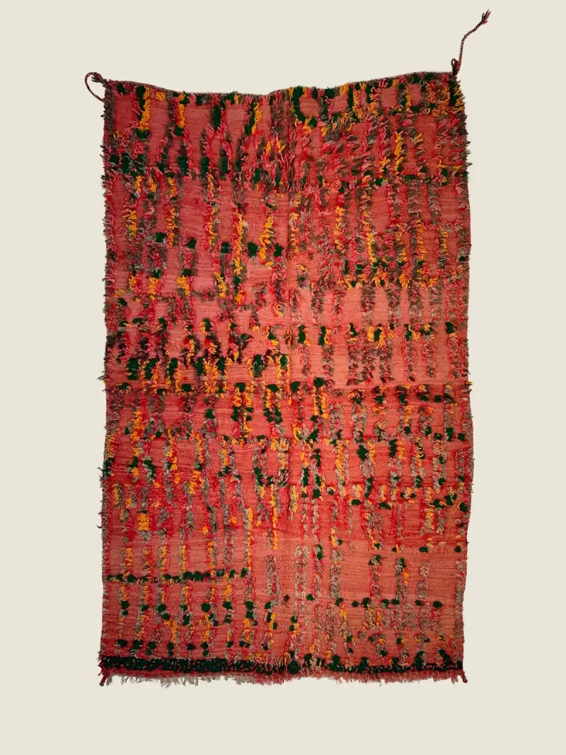 Talsint Moroccan rug 150×240cm, vintage berber rug in coral red and sage green, handwoven wool.