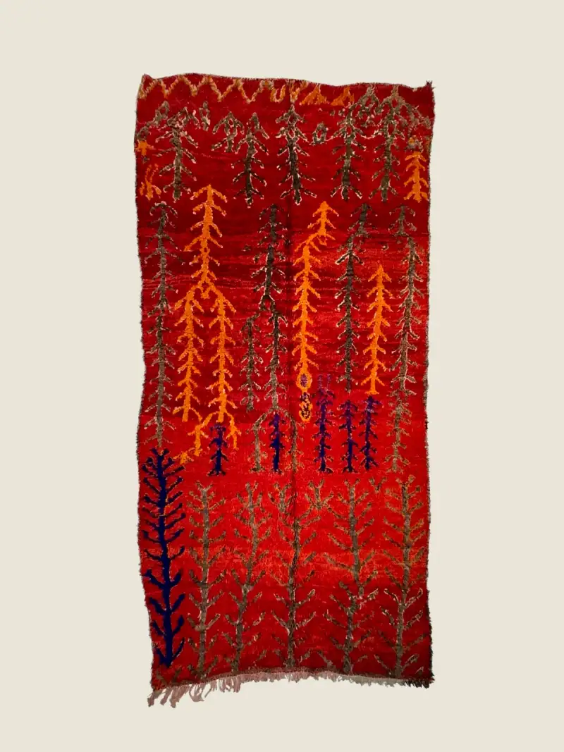 Vivid Talsint Moroccan rug 150x313cm, vintage handwoven berber rug with vivid red, orange, and geometric patterns.