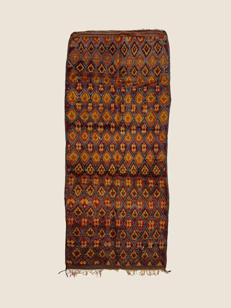Talsint Rug 183×400cm, vintage Moroccan art rug with rustic olive and golden hues, handwoven wool with geometric tribal pattern