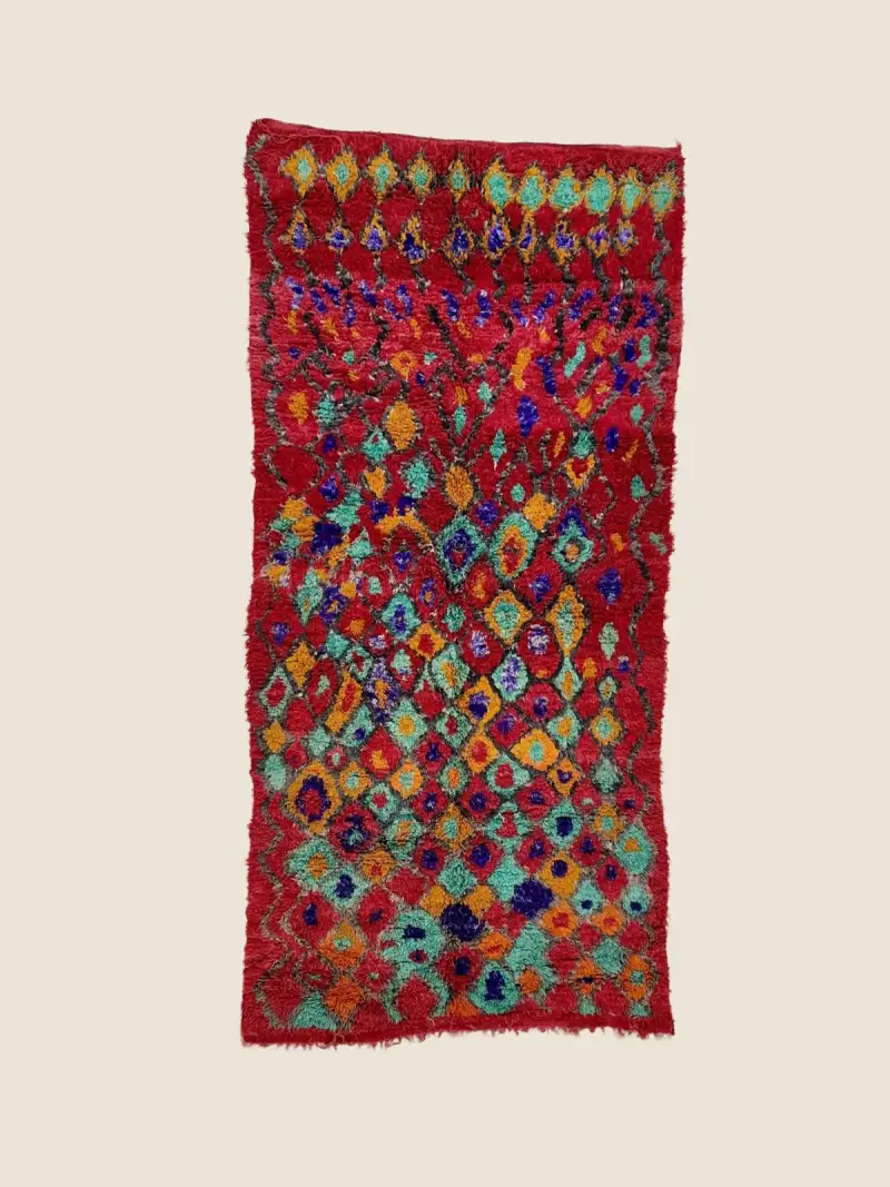 Talsint rug 185×394cm, vintage Moroccan wool rug with vibrant red, sage, and purple geometric patterns, handwoven artisan craftsmanship